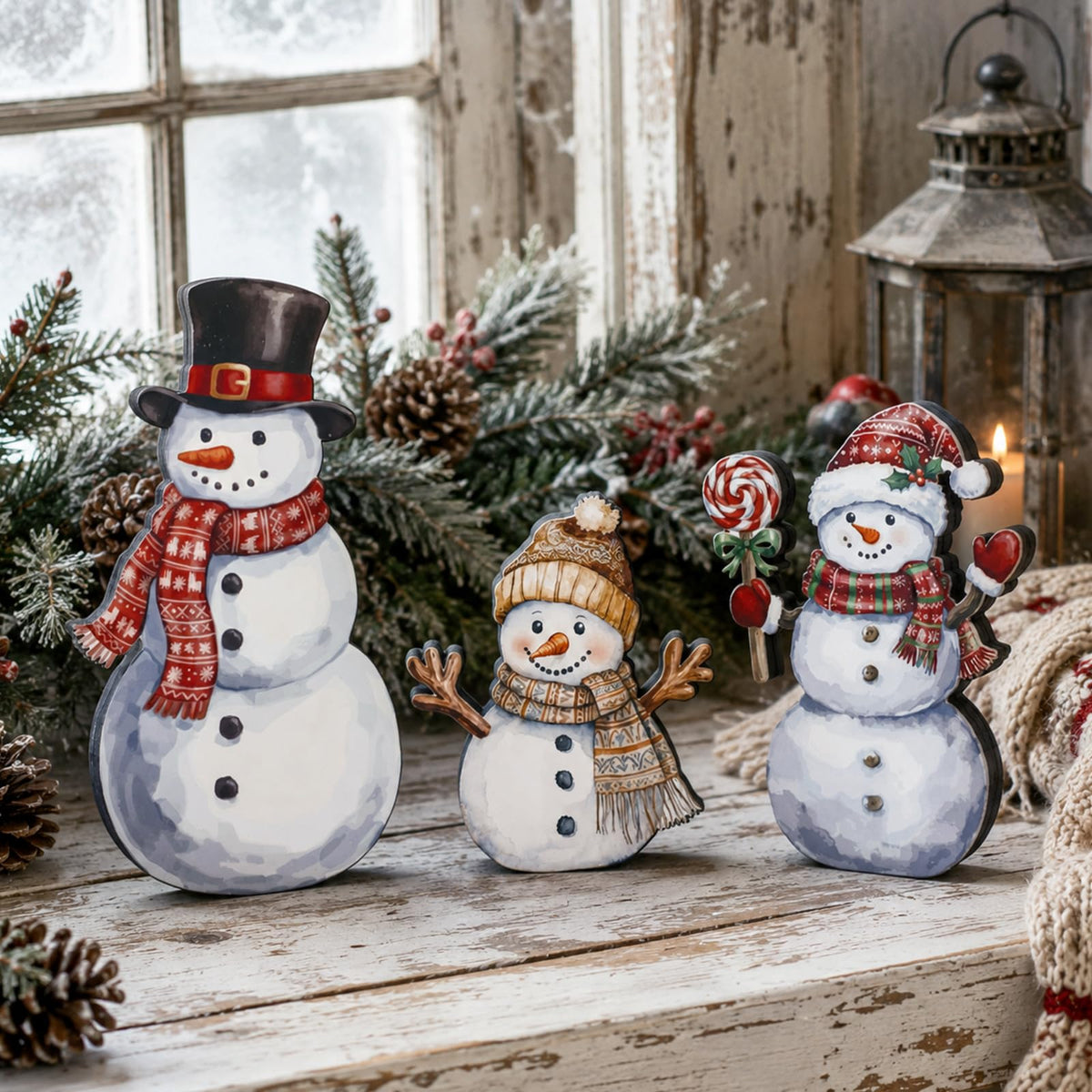 Chinoiserie Wooden Snowmen, Set of 3