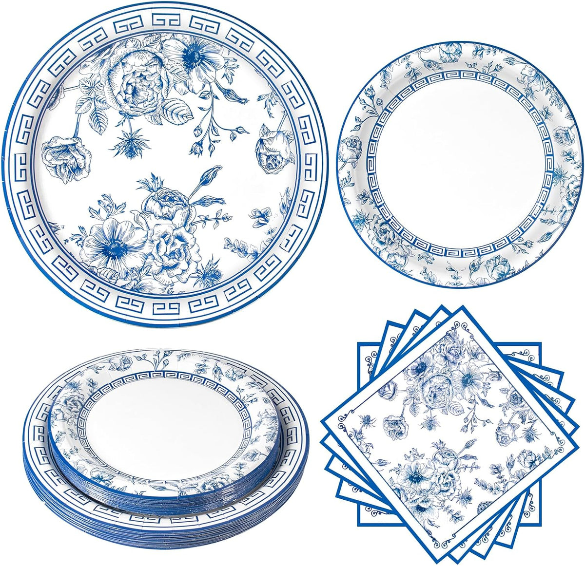 Blue and White Floral Paper Plates and Napkins, Serves 20