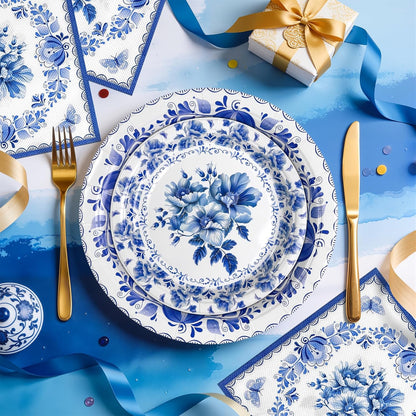 Blue and White Chinoiserie Plates and Napkins for 25