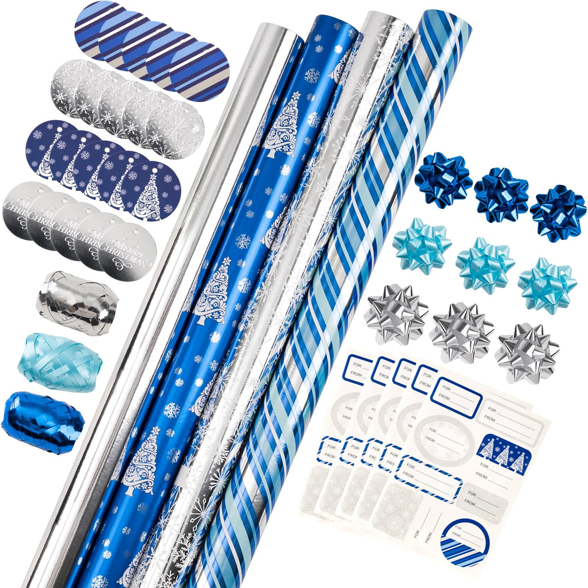 Christmas Wrapping Paper Rolls, Blue and Silver, 4 Rolls
