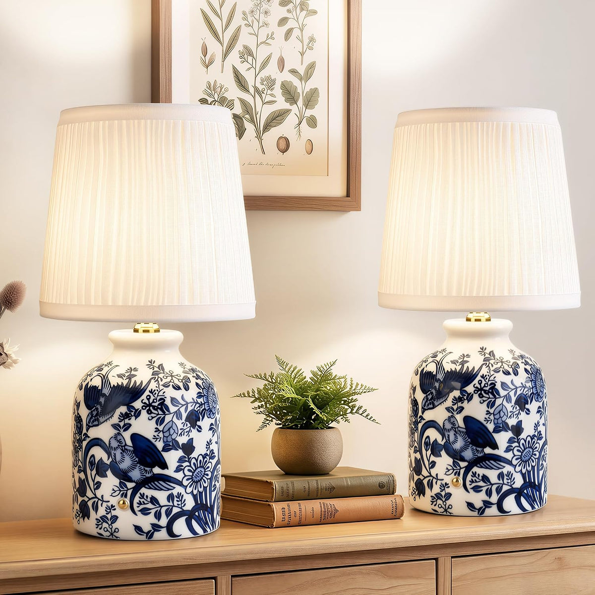 Blue and White Ceramic Cordless Lamps, Set of 2