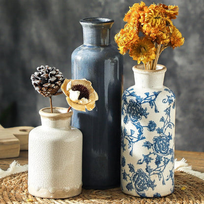 Vintage Blue and White Ceramic Vases, Set of 3