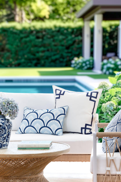 Navy Greek Key Outdoor Lumbar Pillow Cover, 12x20