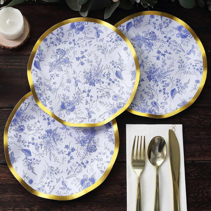 Blue and White Chinoiserie Dessert Plates with Gold Rim, 25 Pack