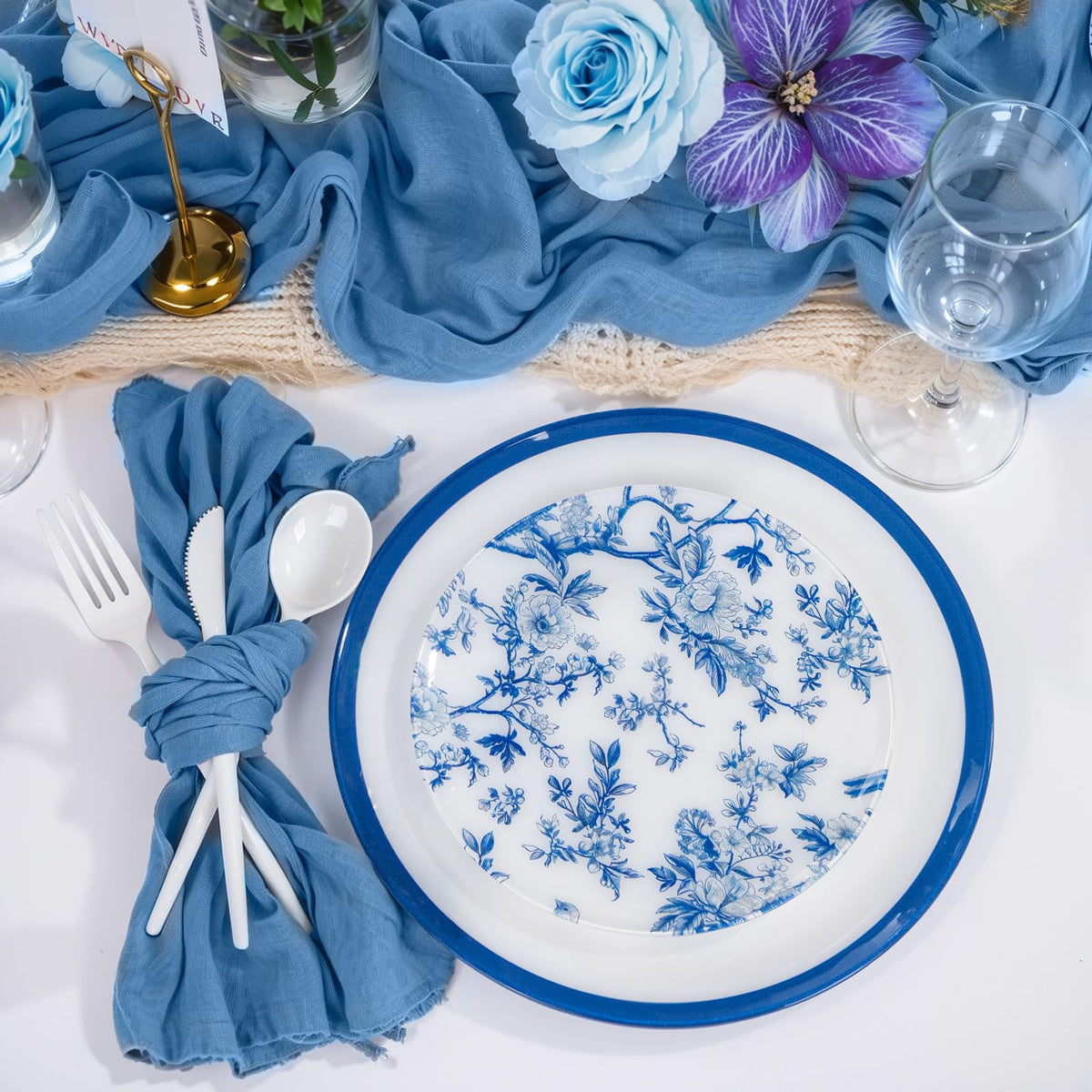 Blue Floral Plastic Plates, 60 Pieces