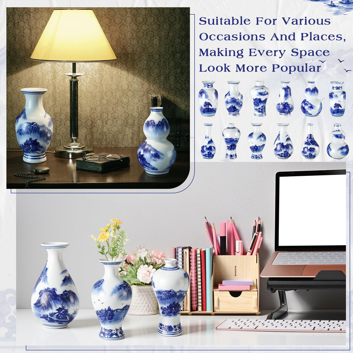 Mini Blue and White Chinoiserie Vases, Set of 12