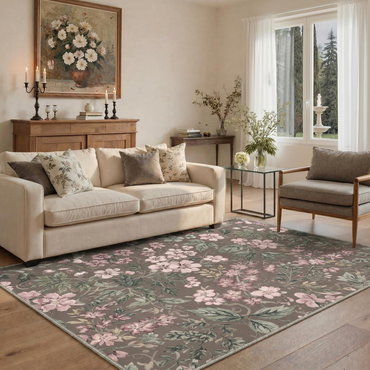 Bavni Dusty Blue Floral Washable Rug