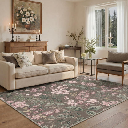 Bavni Dusty Blue Floral Washable Rug