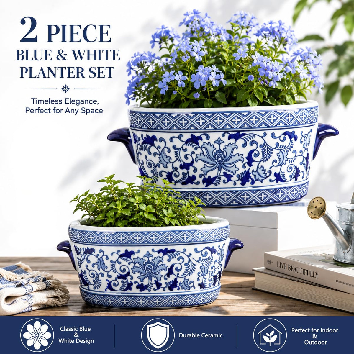 Blue Floral Oval Ceramic Cachepot, 10.6 in