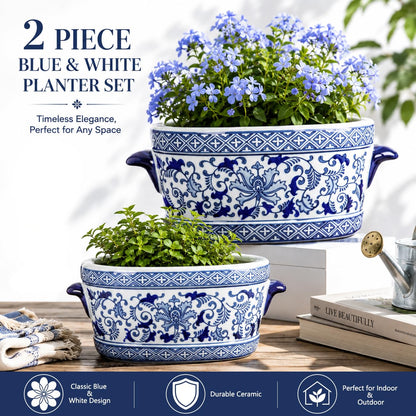 Blue Floral Oval Ceramic Cachepot, 10.6 in