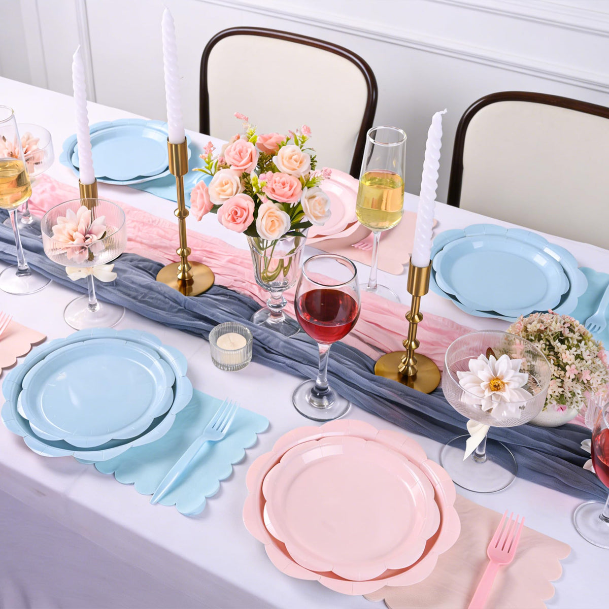 Blue Scalloped Paper Plates and Napkins, Serves 24