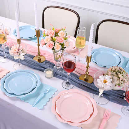 Blue Scalloped Paper Plates and Napkins, Serves 24