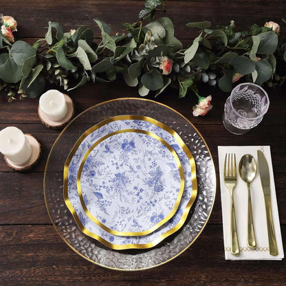 Blue and White Chinoiserie Dessert Plates with Gold Rim, 25 Pack