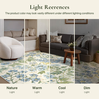 Bavni Dusty Blue Floral Washable Rug