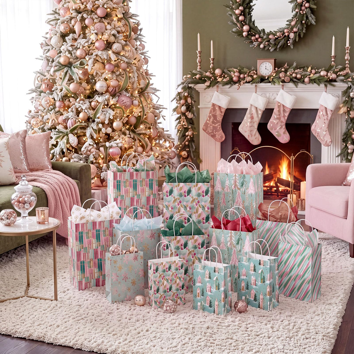 Blue Toile Christmas Kraft Gift Bags, Set of 18
