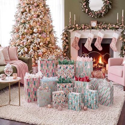 Blue Toile Christmas Kraft Gift Bags, Set of 18