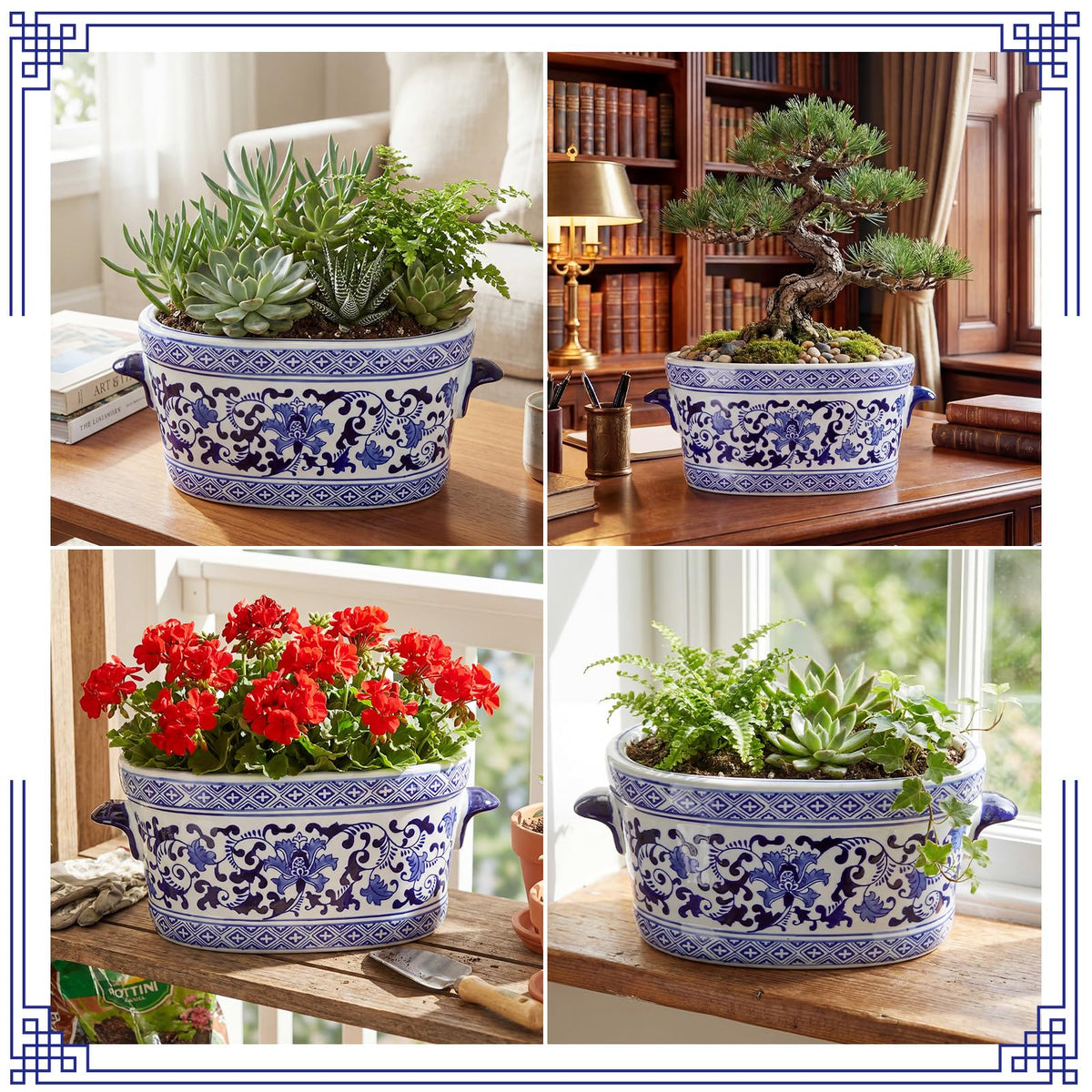 Blue and White Chinoiserie Oval Planter