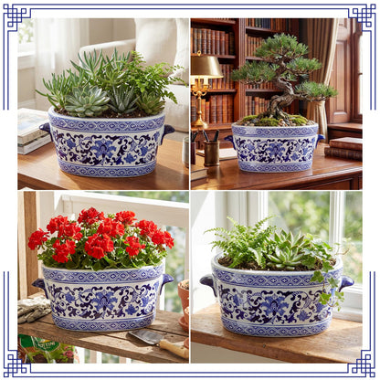 Blue and White Chinoiserie Oval Planter