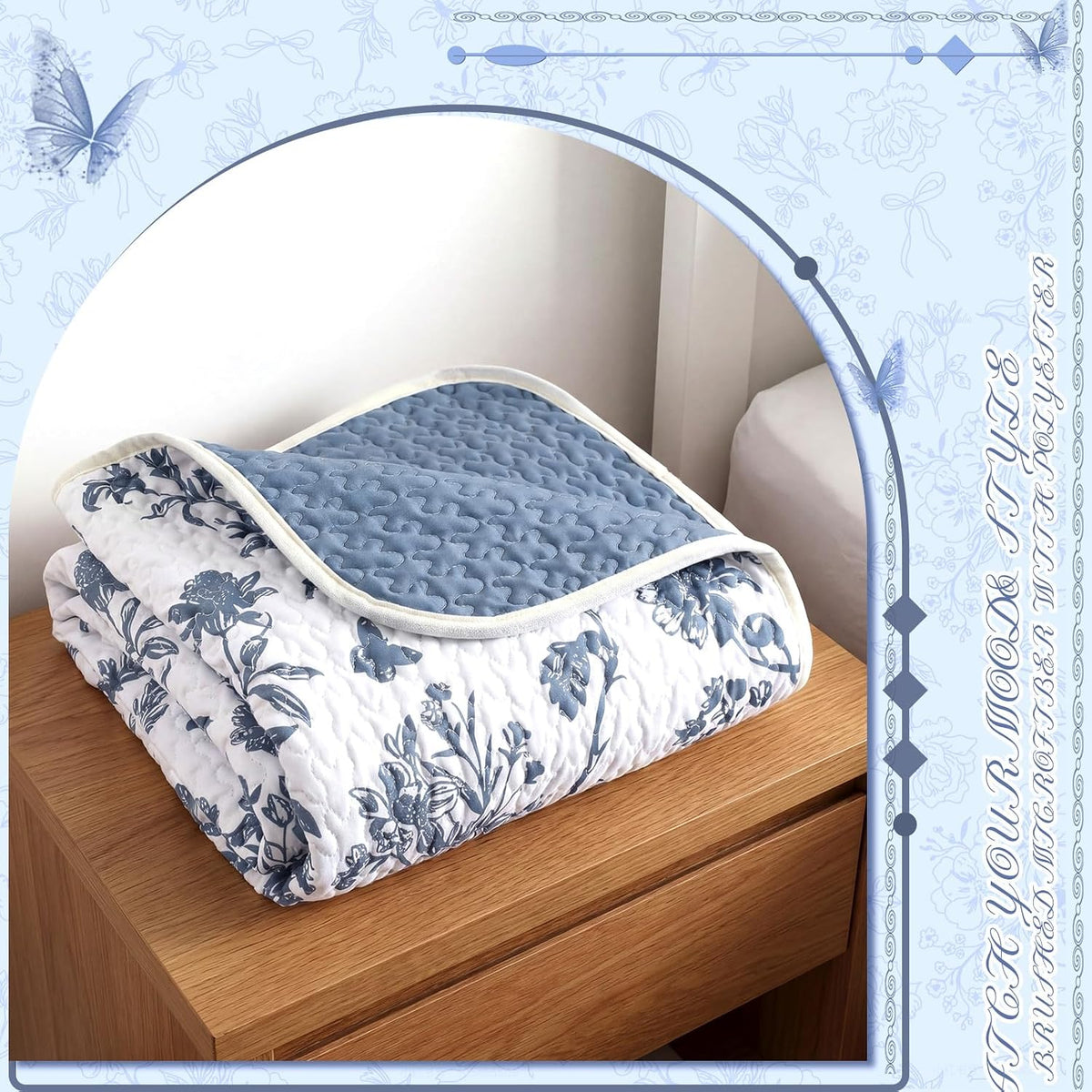 Blue Floral Quilted Throw Blanket, 50 x 60 Inch