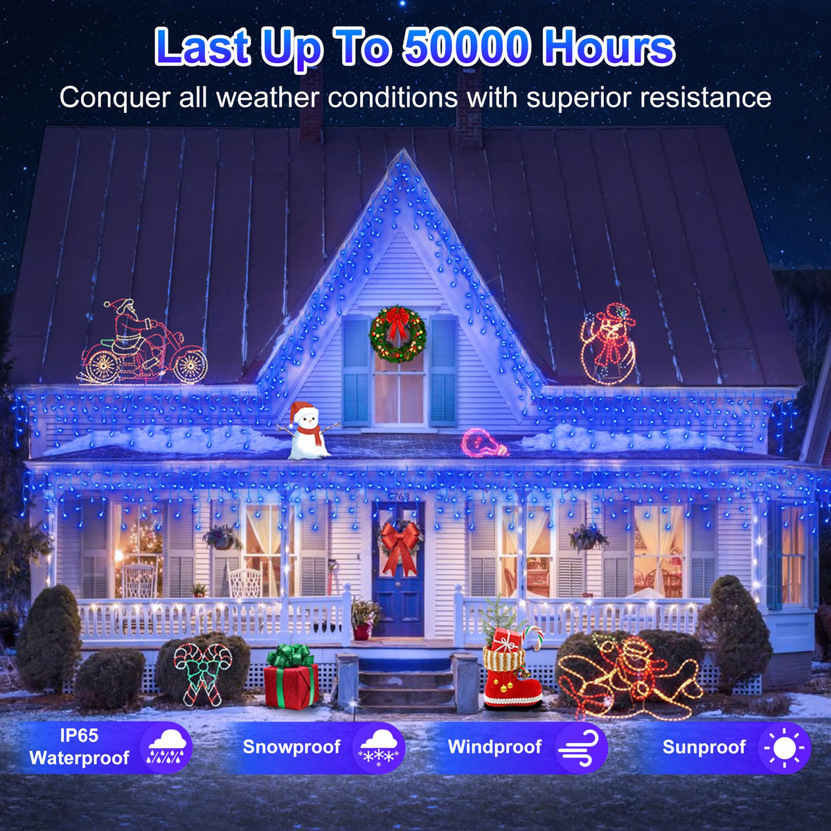 Blue and Cool White Icicle Lights, 164 ft