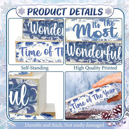 Blue and White Christmas Wood Block Signs, Set of 4