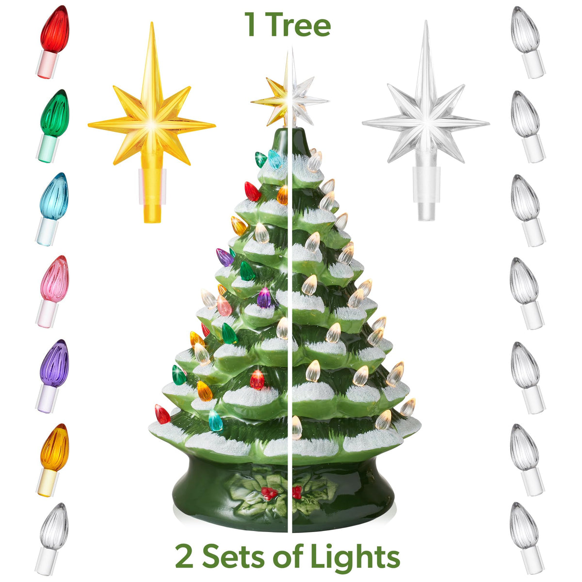 Hand Painted Ceramic Christmas Tree, 15 Inch Pre-Lit