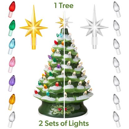 Hand Painted Ceramic Christmas Tree, 15 Inch Pre-Lit