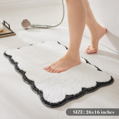 White Scalloped Bath Mat with Blue Piping