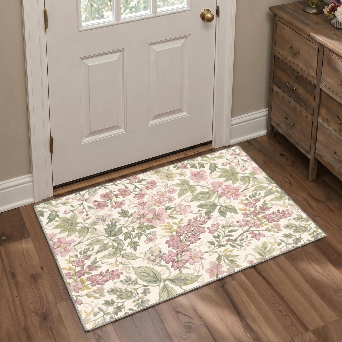Bavni Dusty Blue Floral Washable Rug