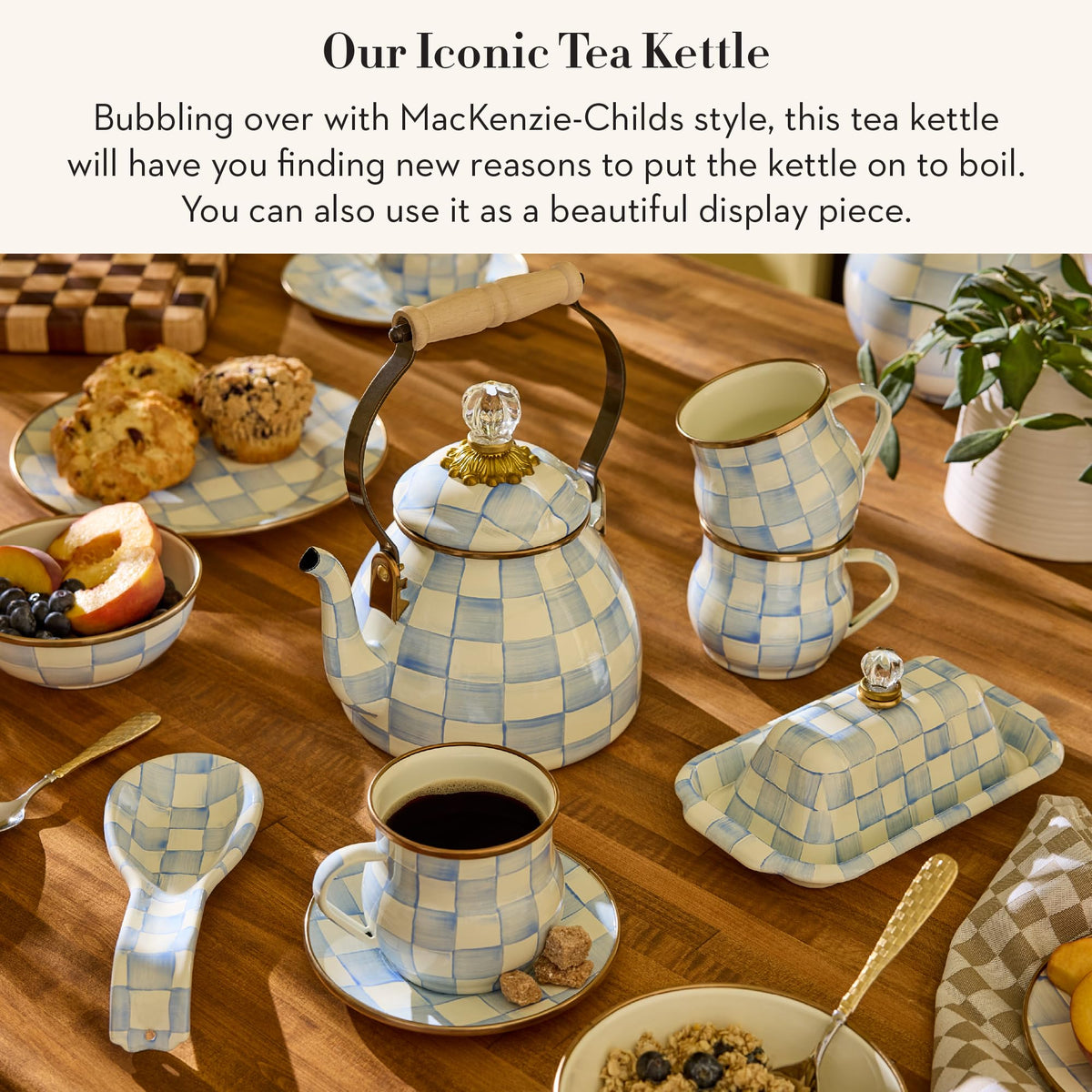MacKenzie-Childs Enamel Tea Kettle, Royal Check