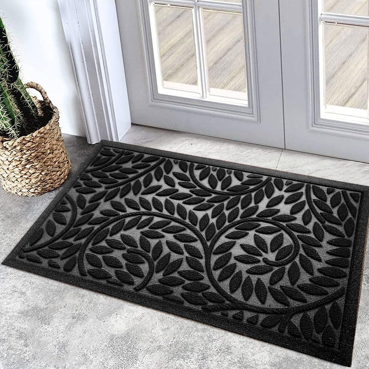 Blue Leaf Front Door Mat, Non-Slip Rubber