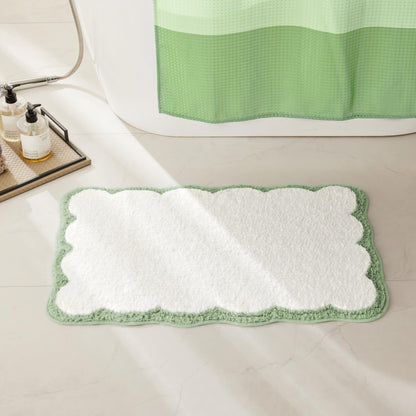 White Scalloped Bath Mat with Blue Piping