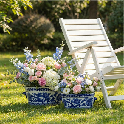 Blue and White Oval Chinoiserie Planters, Set of 2