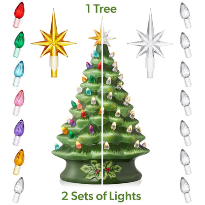 Hand Painted Ceramic Christmas Tree, 15 Inch Pre-Lit