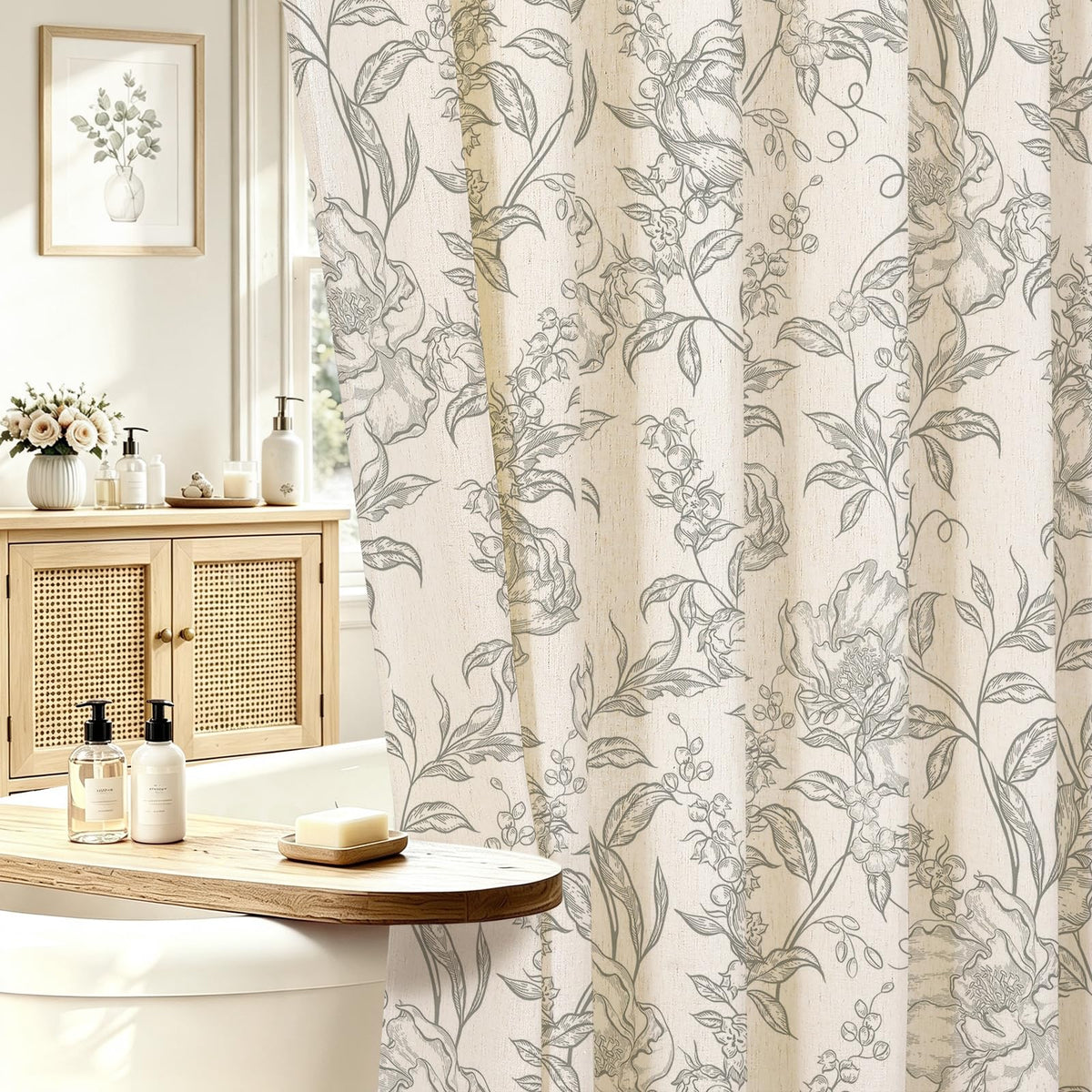 Blue Floral Linen Blend Shower Curtain