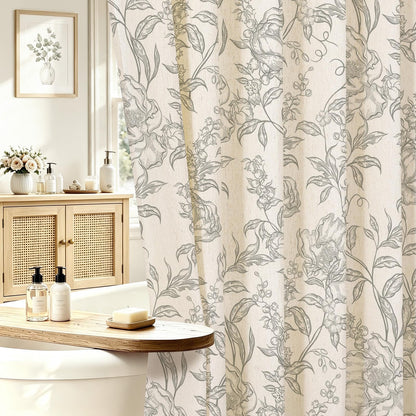 Blue Floral Linen Blend Shower Curtain