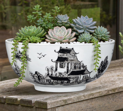 Blue and White Chinoiserie Bowl Planter, 9 Inch