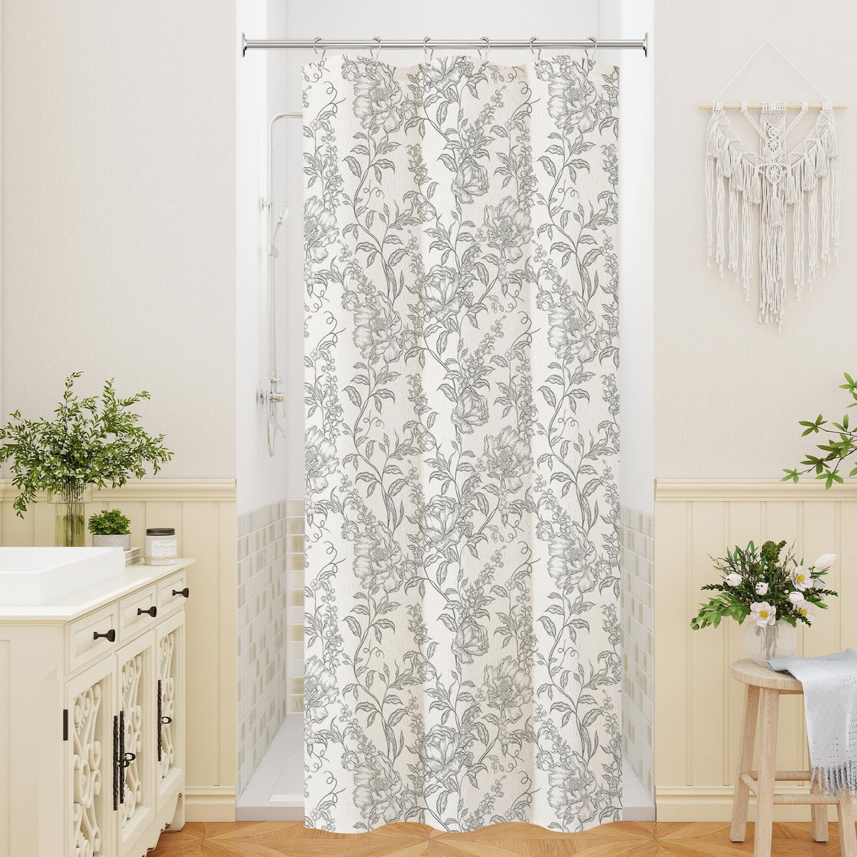 Blue Floral Linen Blend Shower Curtain