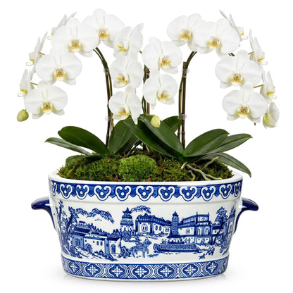 Blue Floral Oval Ceramic Cachepot, 10.6 in