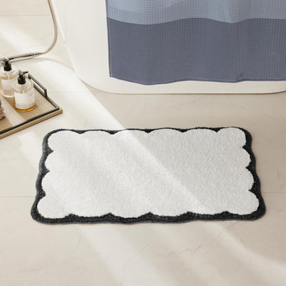 White Scalloped Bath Mat with Blue Piping