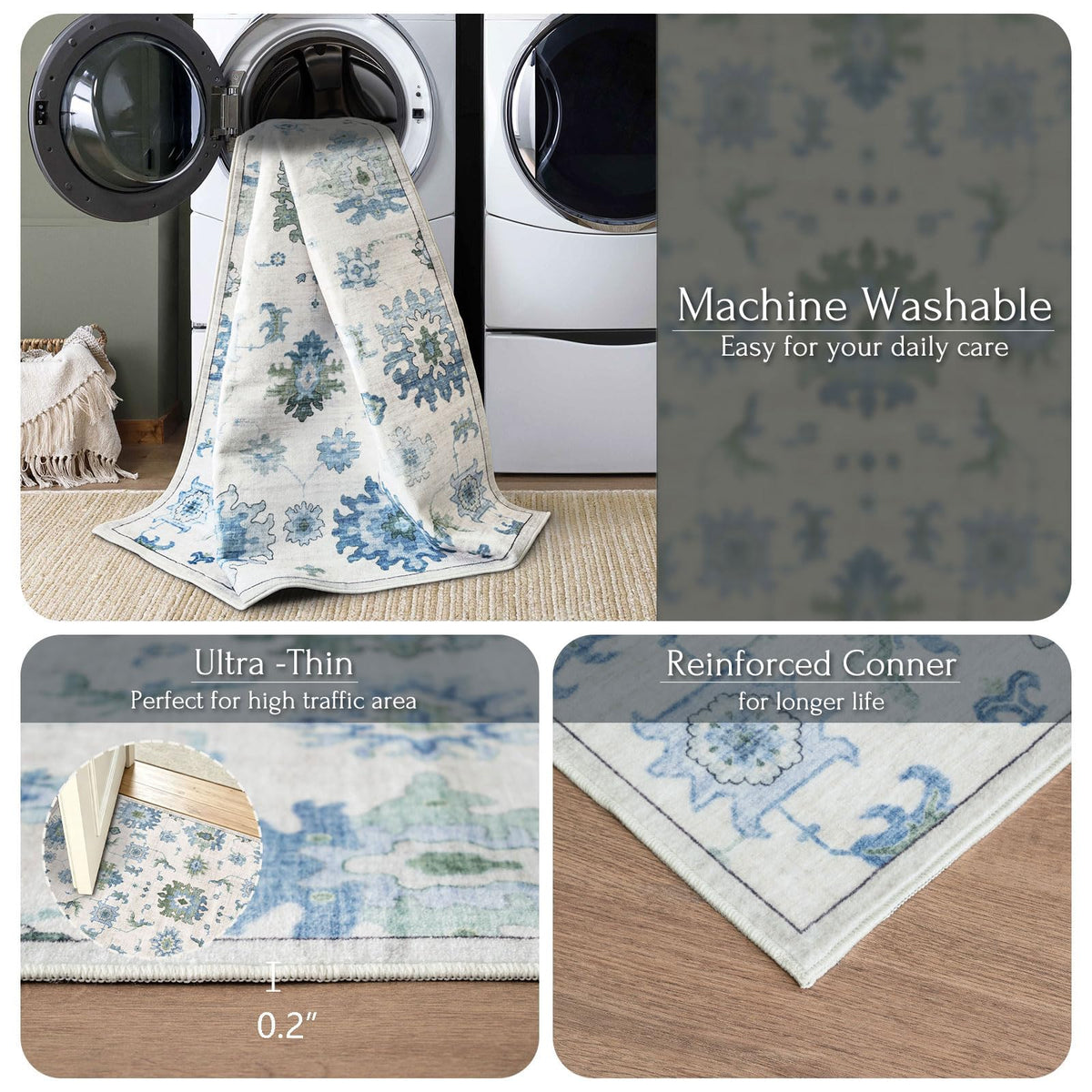 Washable Area Rug, Delft Blue Vintage Floral