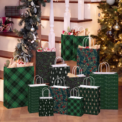 Blue Toile Christmas Kraft Gift Bags, Set of 18