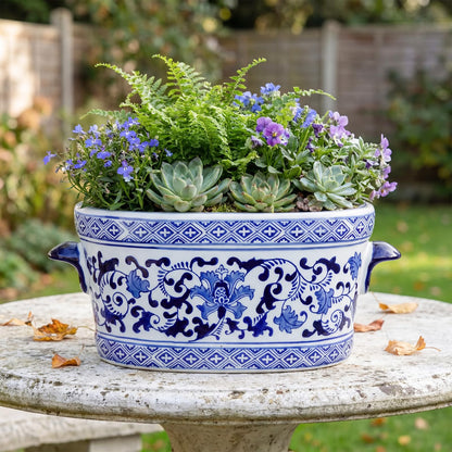 Blue and White Chinoiserie Oval Planter