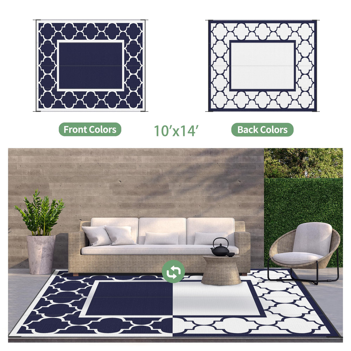Blue and White Reversible Outdoor Rug, 5x8