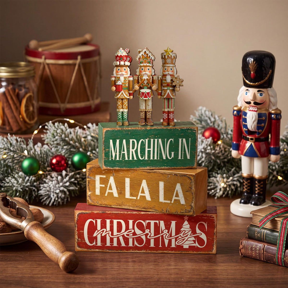 Blue and White Christmas Wood Block Signs, Set of 4