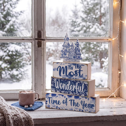 Blue and White Christmas Wood Block Signs, Set of 4