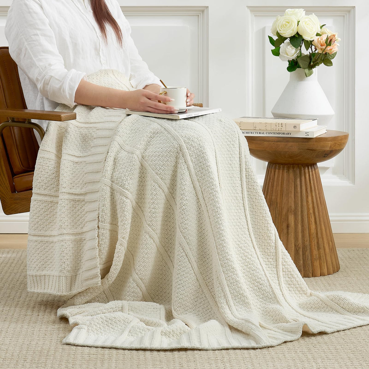 Checkered Knit Throw Blanket, Blue, 50 x 60 Inch