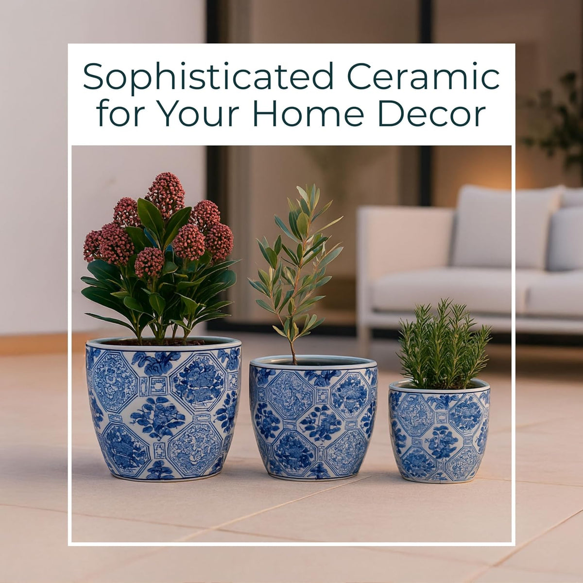 Blue and White Scenic Ceramic Planters, Set of 3