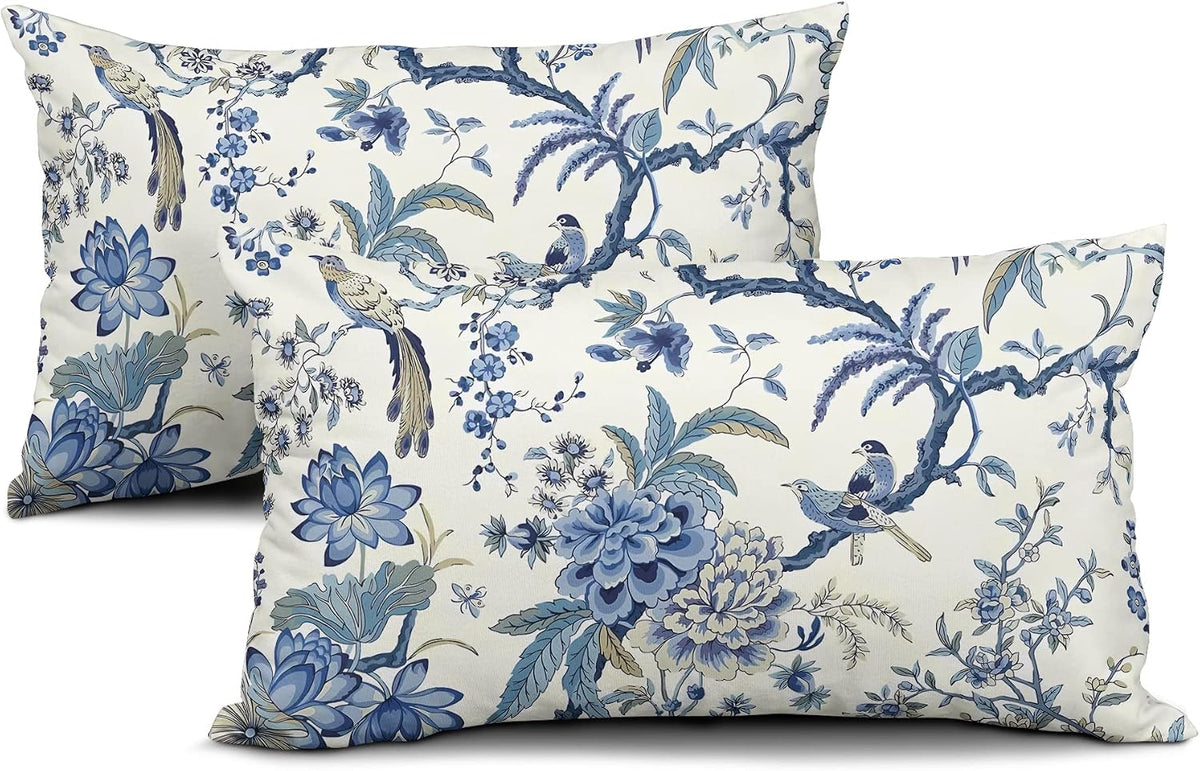 Blue and White Chinoiserie Lumbar Pillow Covers, 12x20, Set of 2