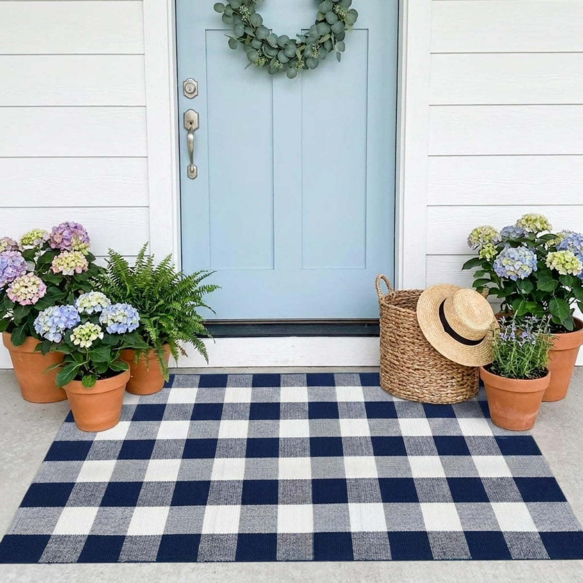 SEEKSEE Blue Buffalo Plaid Porch Rug, 27.5x43